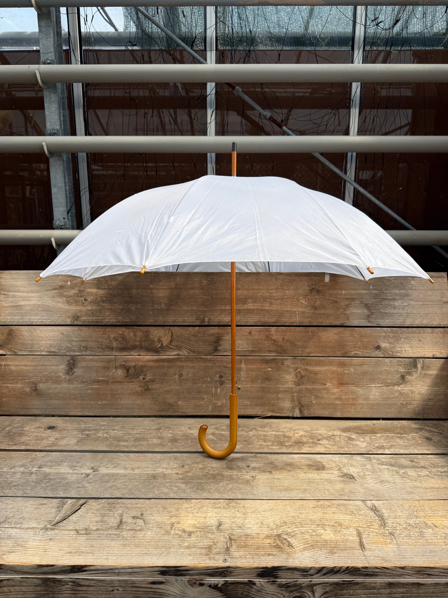 Geöffneter Regenschirm in weiß auf Holzbank