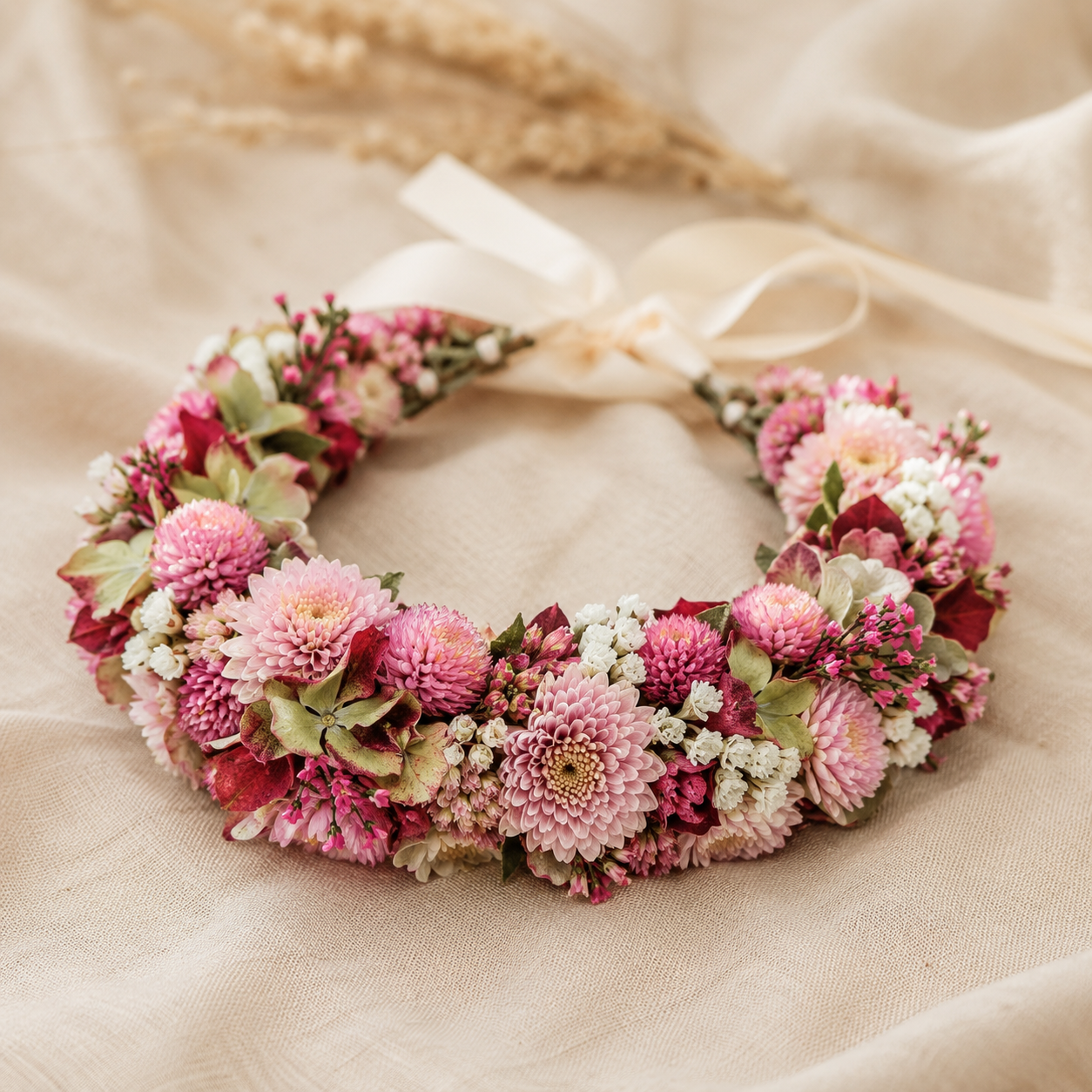 Haarkranz aus vielen Blumen in Rosatönen