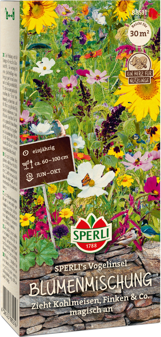 Blumenmischung, Verpackung aus PAppe mit bunter Blumenwiese