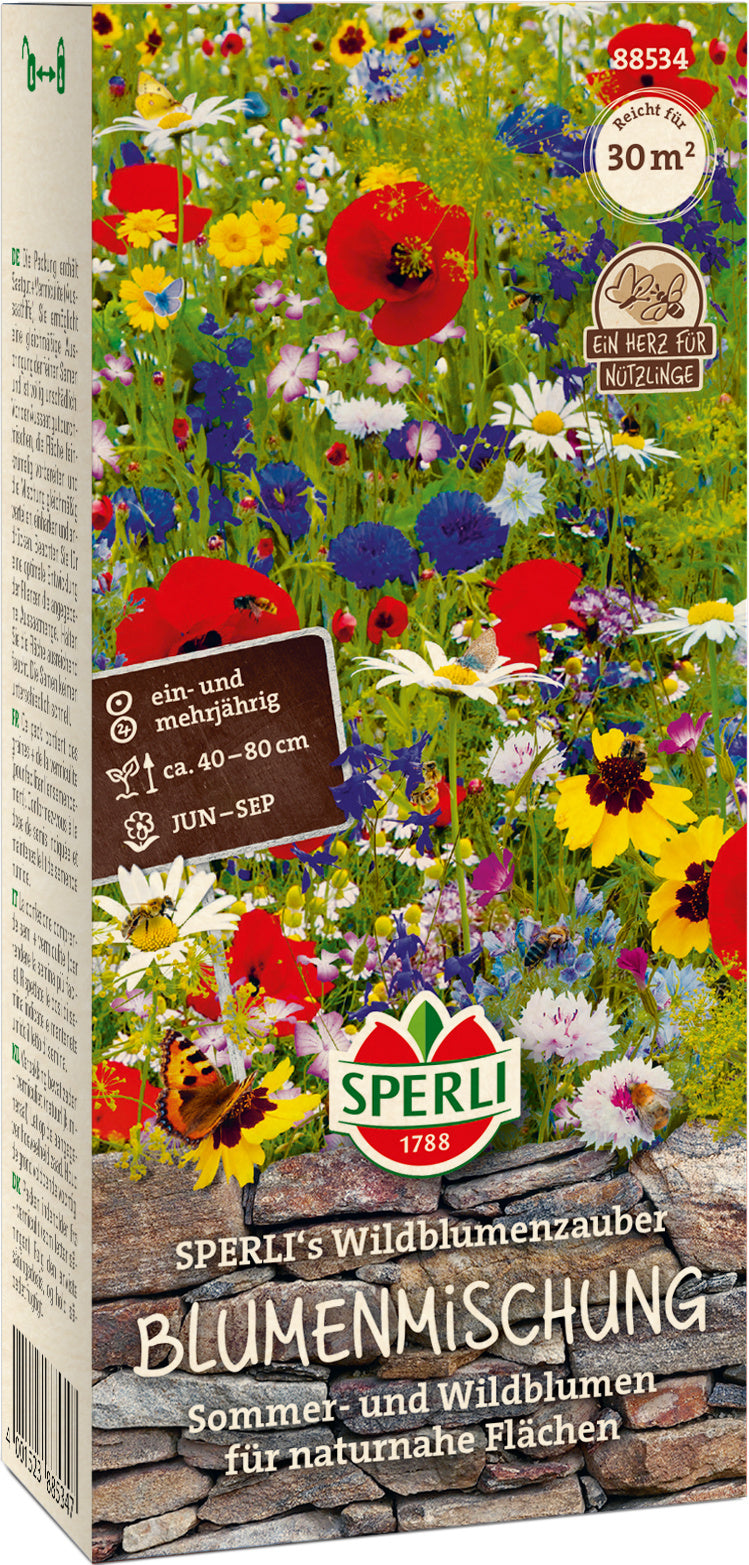 Blumenmischung, Verpackung aus PAppe mit bunter Blumenwiese