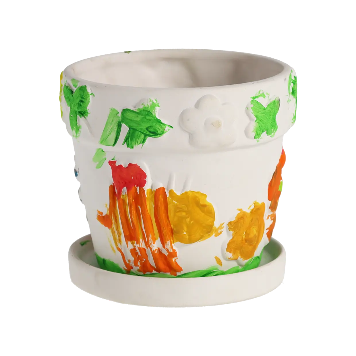 bunt bemalter Blumentopf mit Aufdruck