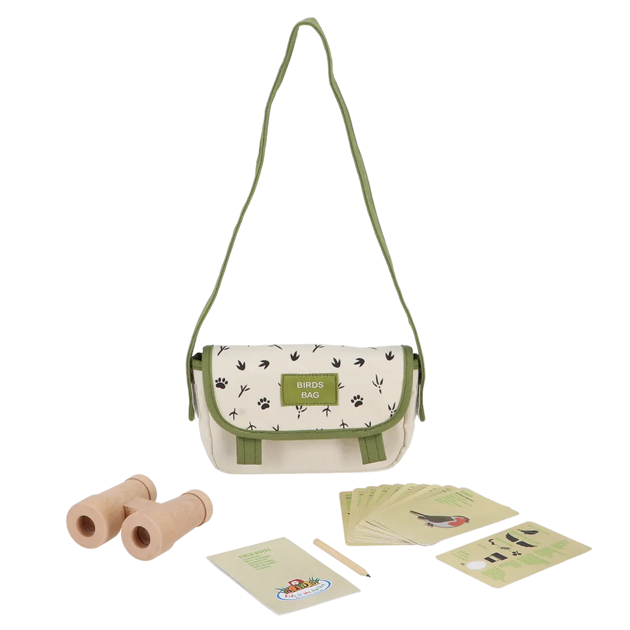 Vogel-Entdeckertasche mit Holzfernglas, Notizzettel und Lernkarten 