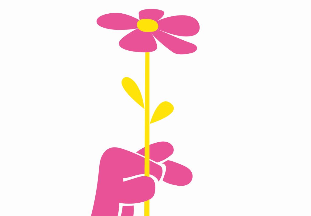 Postkartenmotiv: Pinke Hand hält Blume mit gelben Stiel