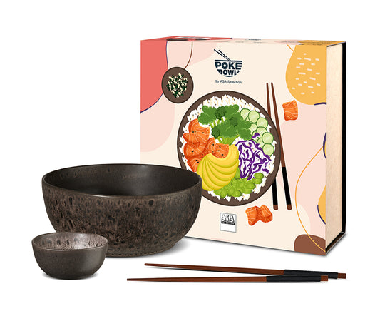 Poké Bowl Set mit großer Bowl, kleiner Schale und Sushi-Stäbchen inkl. bunter Verpackung